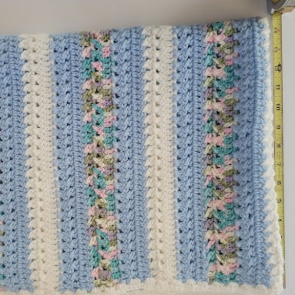 Handmade Hand Crocheted Baby Blanket Blue/White/Multi Color NEW - Picture 1 of 5